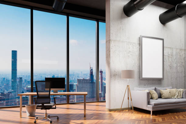 istock large urban skyline loft office with white wall canvas and cozy vintage couch; copy spacepanoramic window skyline view, 3D Illustration 1470555909