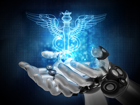 Blue caduceus hologram over robotic hands. Cyber medicine concept.