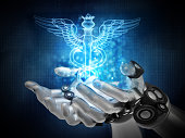 Blue caduceus hologram over robotic hands. Cyber medicine concept
