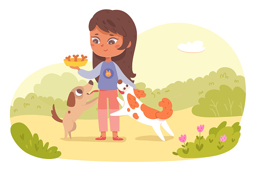 Girl giving food to happy stray dogs vector illustration. Cartoon cute summer landscape scene with kid holding plate with bones to feed jumping pets, adorable volunteer feeding homeless animals