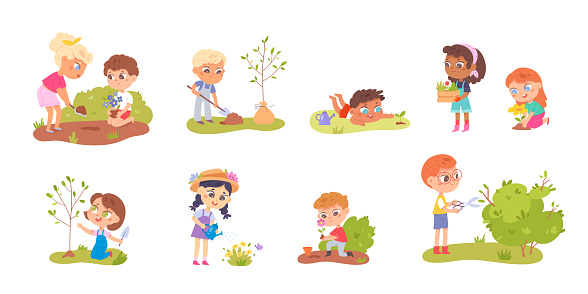 Kids care for green plants, flowers and trees in garden set vector illustration. Cartoon isolated school boys and girls grow seedlings in soil of yard, children play and work with gardening tools