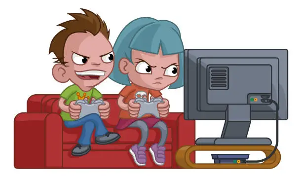 Vector illustration of Kids Gamers Playing Video Games Console Cartoon