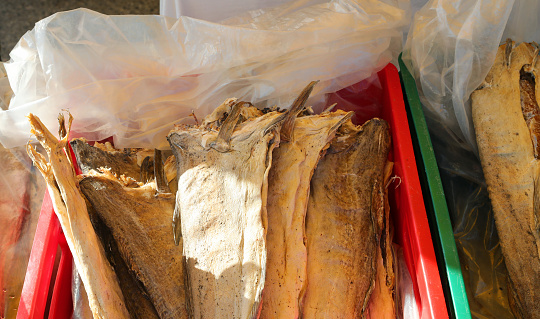 Dry fish Stockfish for sale in the stall in Europe