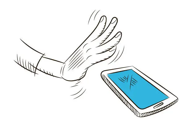 Vector illustration of hand reaching out to pick up mobile phone