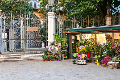 Venice, Veneto, Italy - 08 23 2022: The garden of Palazzo Cavalli Franchetti dates back to 1860 and is used in the summer months for gala dinners and cocktails.