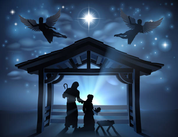 illustrazioni stock, clip art, cartoni animati e icone di tendenza di presepe di natale gesù manger silhouette - nativity scene jesus christ three wise men christmas