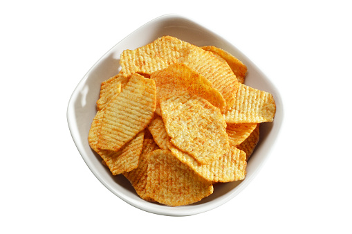 High angle view a bowl of potato chips isolated on the white background with clipping path