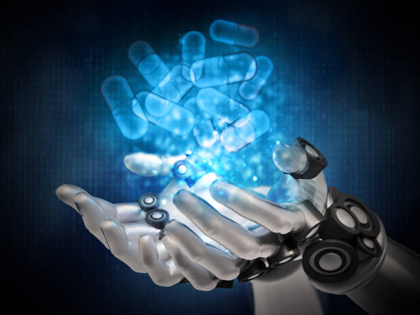 istock Blue pill capsules hologram over robotic hands. Cyber medicine concept 1470559120