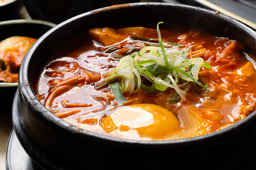 Sundubu Jjigae or Korean soft tofu stew in hot pot