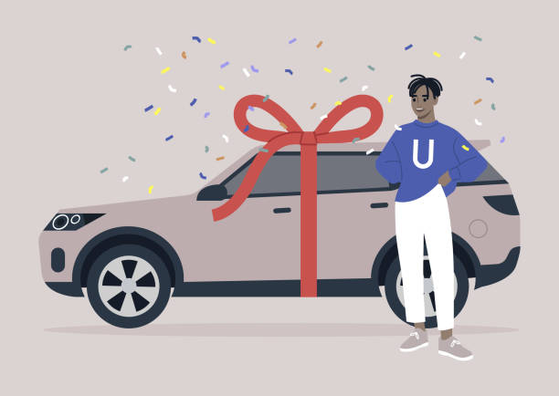 陽気な若いアフリカの男性キャラクターが最初の車を贈られる、お祝いの瞬間 - car vector incentive customer点のイラスト素材／クリップアート素材／マンガ素材／アイコン素材