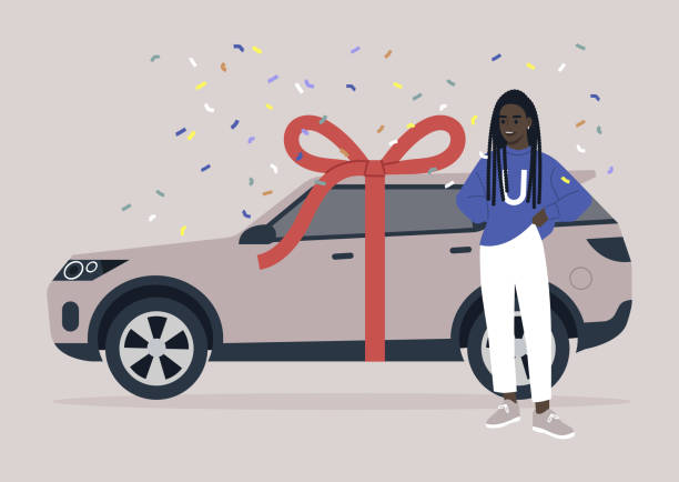 陽気な若いアフリカの女性キャラクターが最初の車を贈られる、お祝いの瞬間 - car vector incentive customer点のイラスト素材／クリップアート素材／マンガ素材／アイコン素材