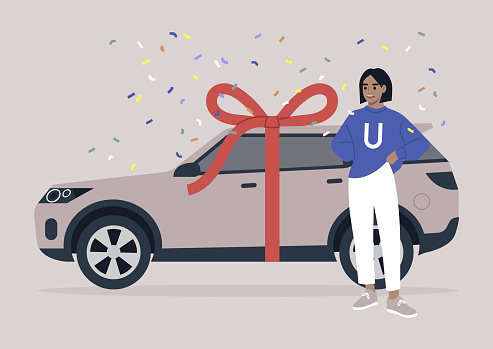 A cheerful young female Caucasian character being gifted their first car, a celebratory moment
