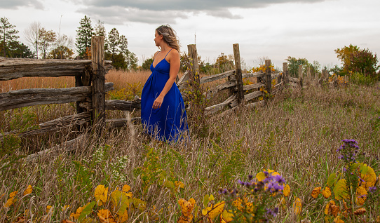 A beautiful woman in a blue dress looks off onto a meadow by an old wooden fence at sunset