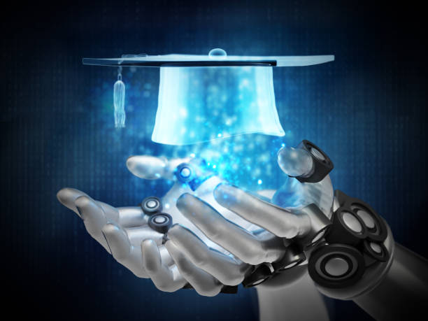 istock Blue mortarboard hologram over robotic hands. Cyber education concept 1470563986