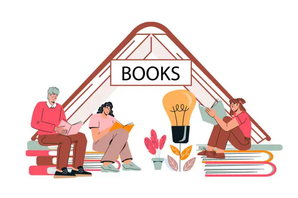 Vector illustration of People reading books, design for bookstore or fair, flat vector isolated.