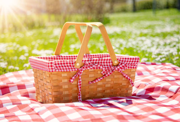 istock Picnic duvet with empty basket on the meadow in nature. 1470566764