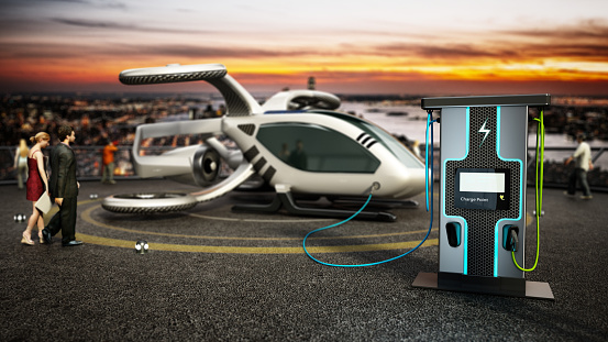 Fictitious e-VTOL parked at the rooftop of a building connected to the electric vehicle charging station.