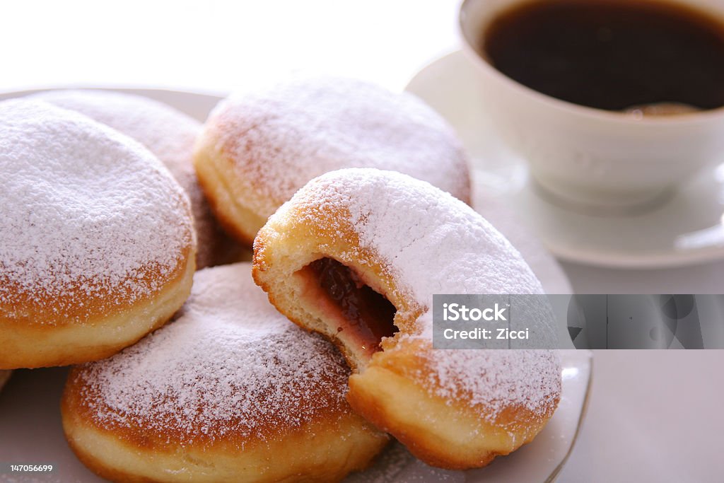 Fresh buns with coffee fresh buns filled with strawberrt jam Baked Stock Photo