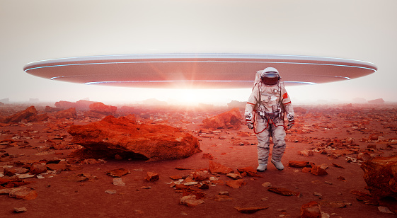 Chinese astronaut walking on Mars. 3D generated image.