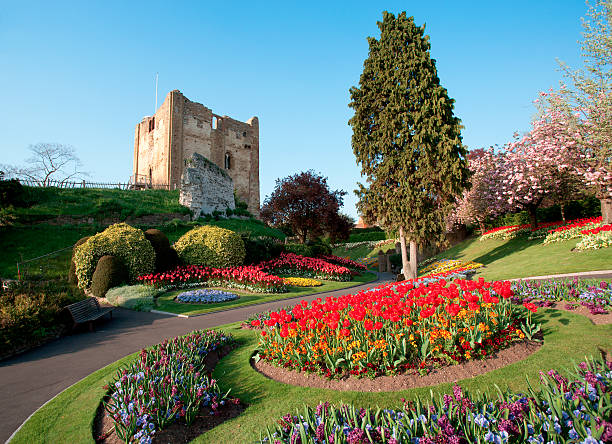 ruine der burg in englischen garten - castle famous place low angle view england stock-fotos und bilder