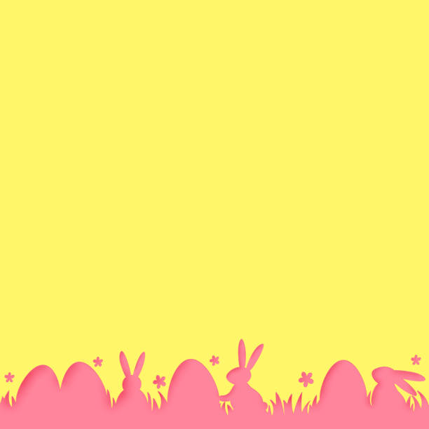 illustrazioni stock, clip art, cartoni animati e icone di tendenza di uova di pasqua e coniglietti su sfondo giallo. disegno di taglio della carta con copyspace. illustrazione vettoriale - rabbit easter flower frame