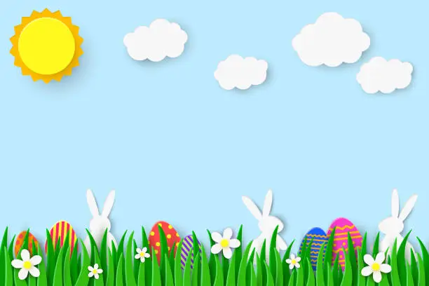 Vector illustration of Easter egg hunt background with rabbits and coloured eggs hidden in the grass. Paper cut style. Vector illustration