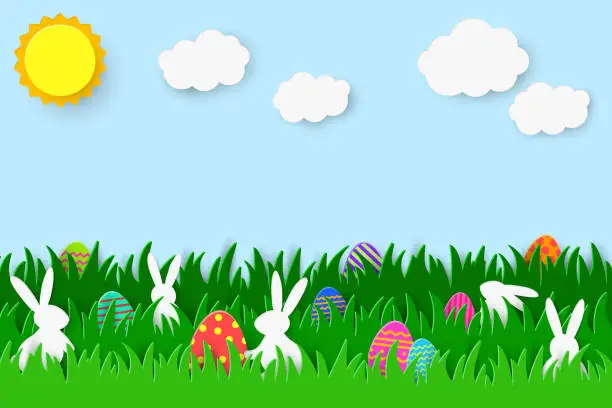 Vector illustration of Design with Easter eggs and bunnies hidden in the grass. Holiday background with paper cut decorations. Vector illustration