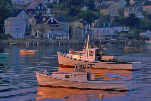 Fishing boats moored in small harbor, Maine, USA