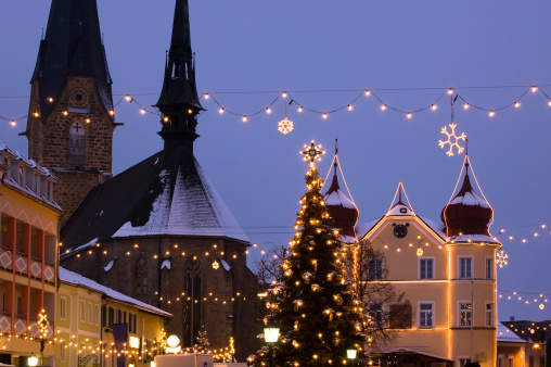 An Austrian Village at Night with Christmas Decoration