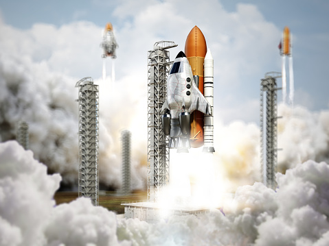 Futuristic space shuttles' launch. 3D illustration of space rockets taking off.