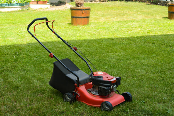 istock Modern garden lawn mower on green grass in park 1470573417