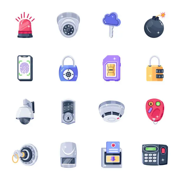 Vector illustration of Collection of Security Devices 2D Icons