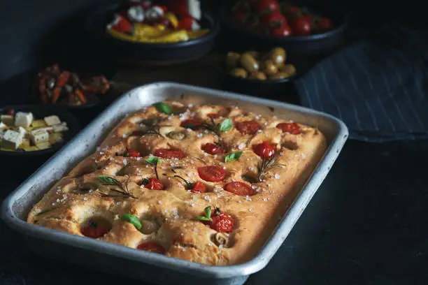 Focaccia Bread with Tomatoes, Rosemary and Seasalt