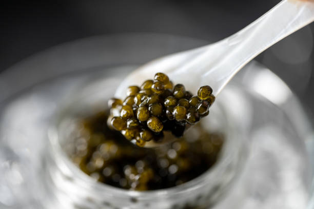 caviar noir sur glace avec cuillère perlée - caviar photos et images de collection