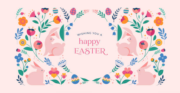 ilustrações de stock, clip art, desenhos animados e ícones de happy easter, decorated geometric style easter card, banner. bunnies, easter eggs, flowers and basket. modern minimalist design - easter easter egg eggs spring