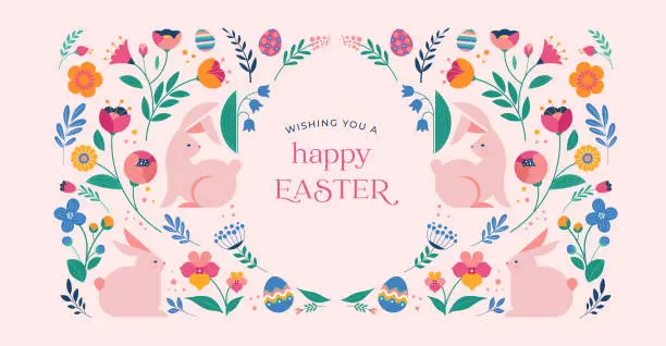 Vector illustration of Happy Easter, decorated geometric style Easter card, banner. Bunnies, Easter eggs, flowers and basket. Modern minimalist design