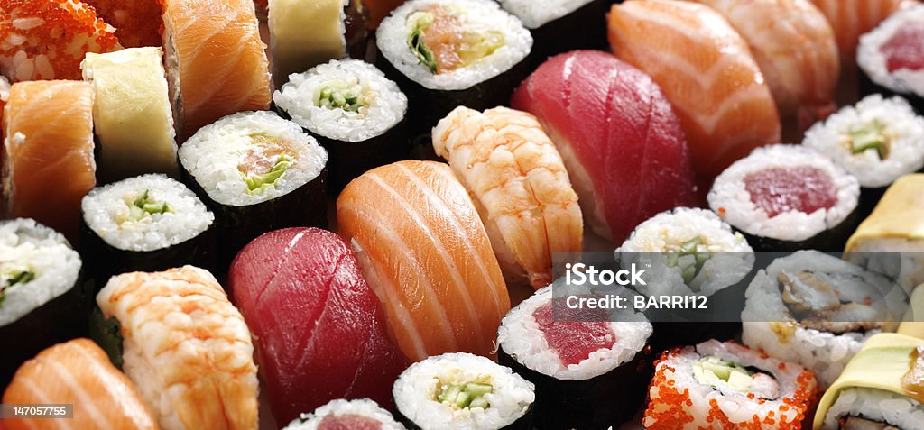 japanese sushi many tasty fresh japanese sushi with tuna, caviar and shrimp Sushi Stock Photo