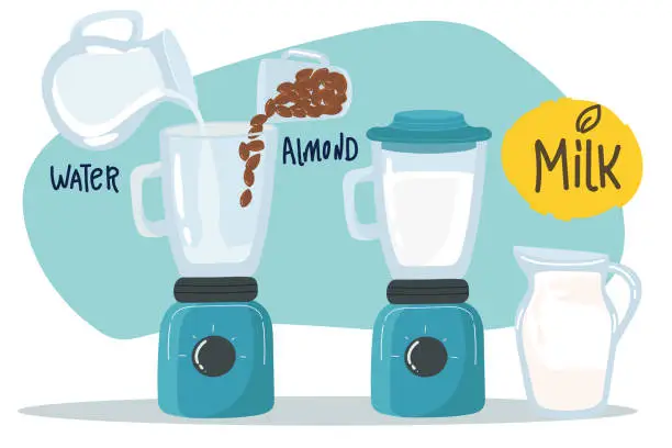 Vector illustration of Recipe How to make almond milk in paper package with liquid splash and nuts, natural drink branding on carton container with lid, advertising of vegan liquid for nutrition. Dairy packaging and advertising