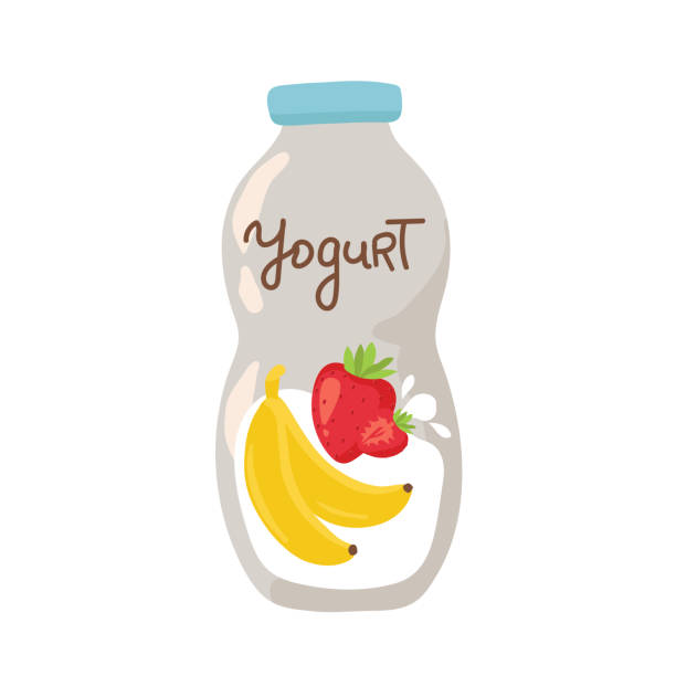 illustrazioni stock, clip art, cartoni animati e icone di tendenza di yogurt alla fragola con cucchiaio all'interno su sfondo bianco - nonfat milk