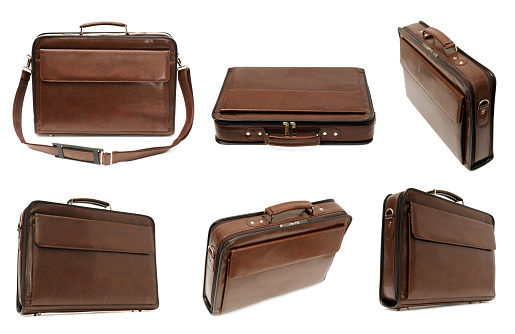 Collection of briefcases from different angles isolated on white background.