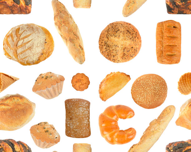 istock Beautiful seamless pattern of bread products isolated on white 1470581033