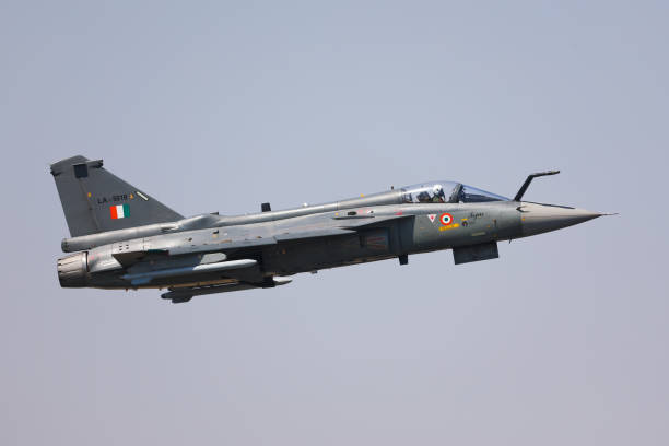 HAL Tejas IAF Aero India 2023 Bengaluru India Bangalore KA India - February 16, 2023 - Taken this picture at Aero India in Bangalore India of LCA Tejas on flying display in front of general public. This is open to public and public has full access for photography, videography and even taking joy ride. british aerospace stock pictures, royalty-free photos & images