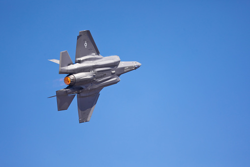 Bangalore KA India - February 17, 2023 - Taken this picture at Aero India in Bangalore India of F-35 Lightening on flying display in front of general public. This is open to public and public has full access for photography, videography and even taking joy ride.