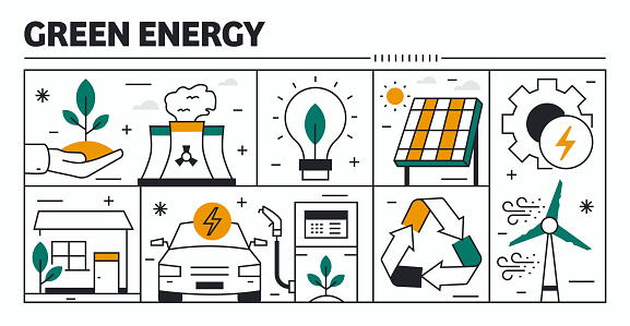 Green Energy vector design. The design is editable athe color can be changed. Vector set of creativity icons:  Electric Car , Recycling , Solar Energy , Wind Energy , Zero Emission