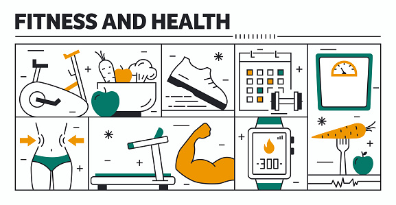 Fitness And Health vector design. The design is editable athe color can be changed. Vector set of creativity icons:  Exercise Bike , Weight Training , Treadmill , Nutritional Supplements , Barbell , Gym