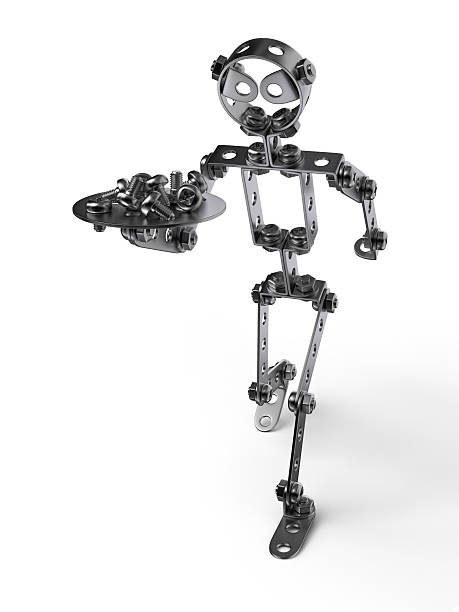 Little iron man with salver of bolts stock photo