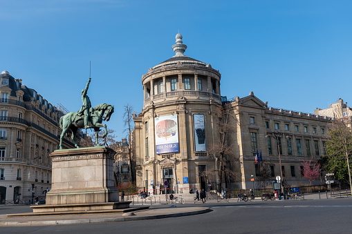 Paris, France - March 1 2023: Iena square in Paris with George Washington statue and National Museum of Asian Arts Guimet