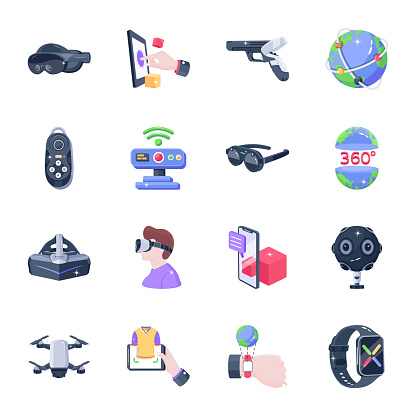 Display the ultimate virtual tech experiences with our stunning vr icon collection. Our set features crisp, modern designs that are perfect for use in any vr app or platform. Icons include a wide range of options, including VR controllers, VR headsets, gaming gadgets and ar models and much more.