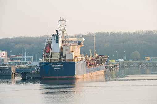 Tilbury Docks container port on River Thames ships loading \ndrone aerial view