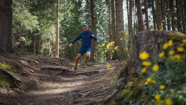 istock Man trail running in a mountain forest 1470586522